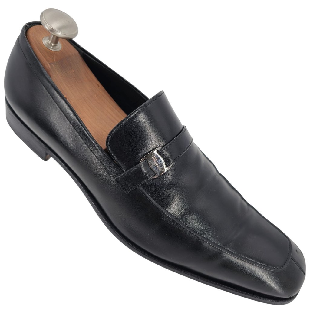 Salvatore Ferragamo Italy Dress Shoes Men's 11d Black Leather Apron-Toe Loafers